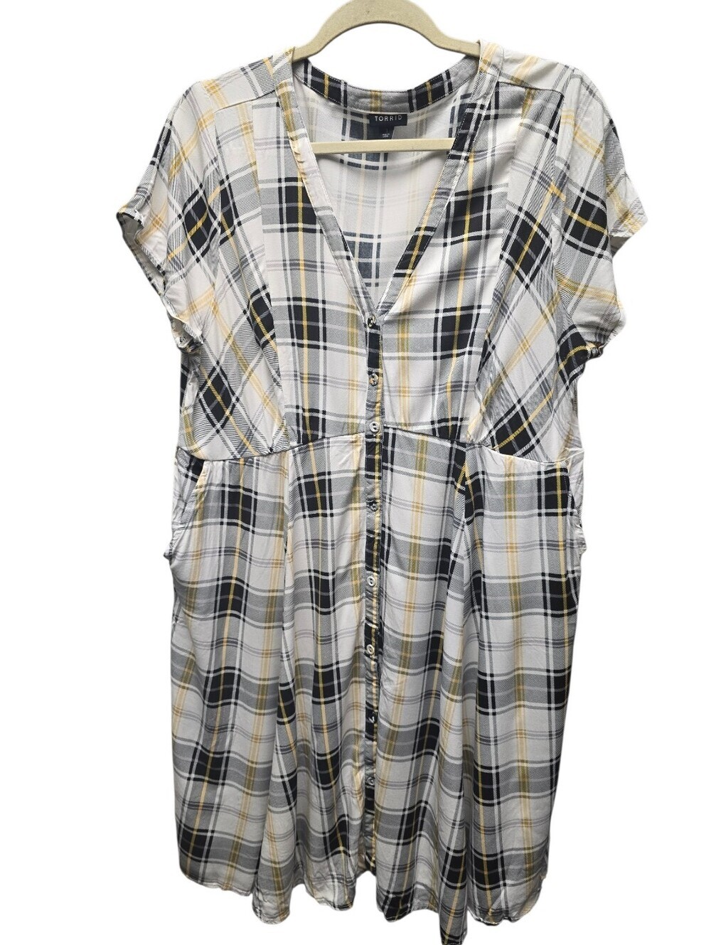 Torrid Challis Plaid Shirt Dress Black Yellow Pockets Button Front Women Size 1X